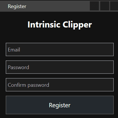 Intrinsic Clipper desktop app registration form