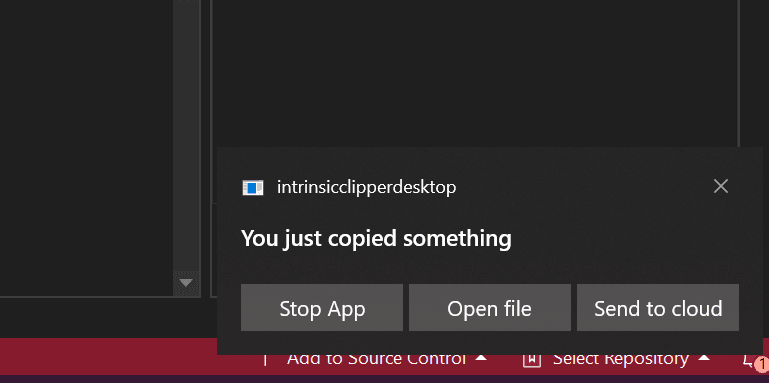 Notification toast to send clipboard item to the cloud clipboard