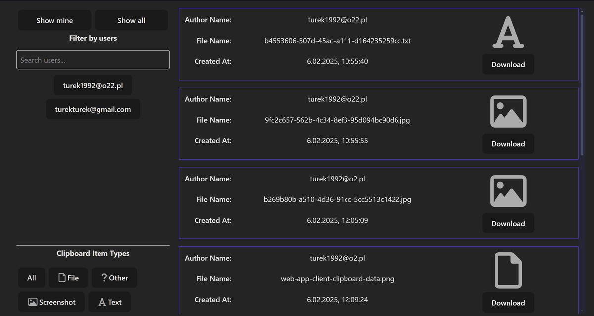 Web client displaying cloud clipboard data